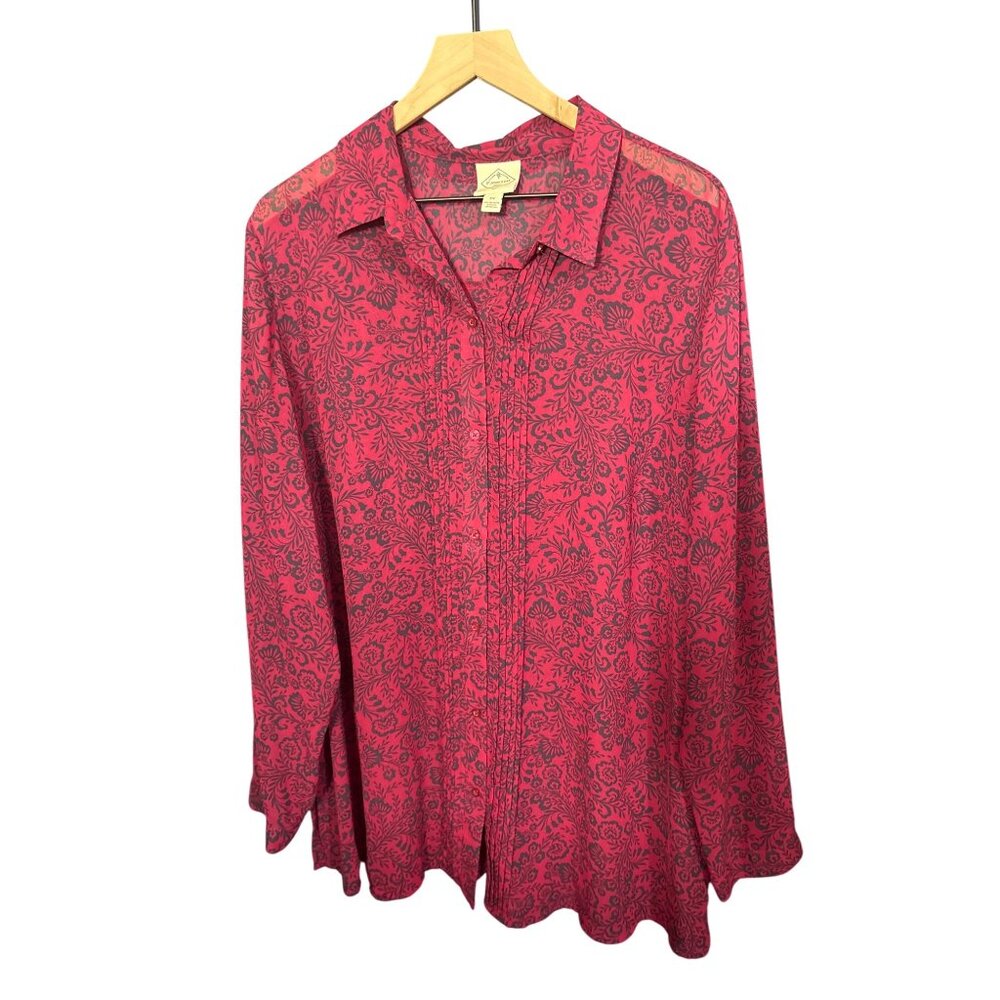 St. Johns Bay Womens 2X Floral Print Button-Up Shirt Pink & Black Long Sleeve Li